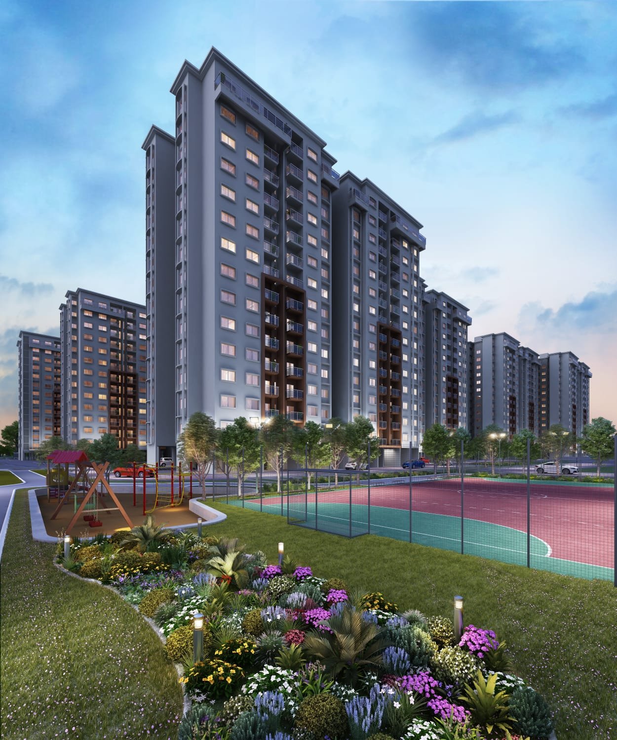 Towers at dusk with sports court