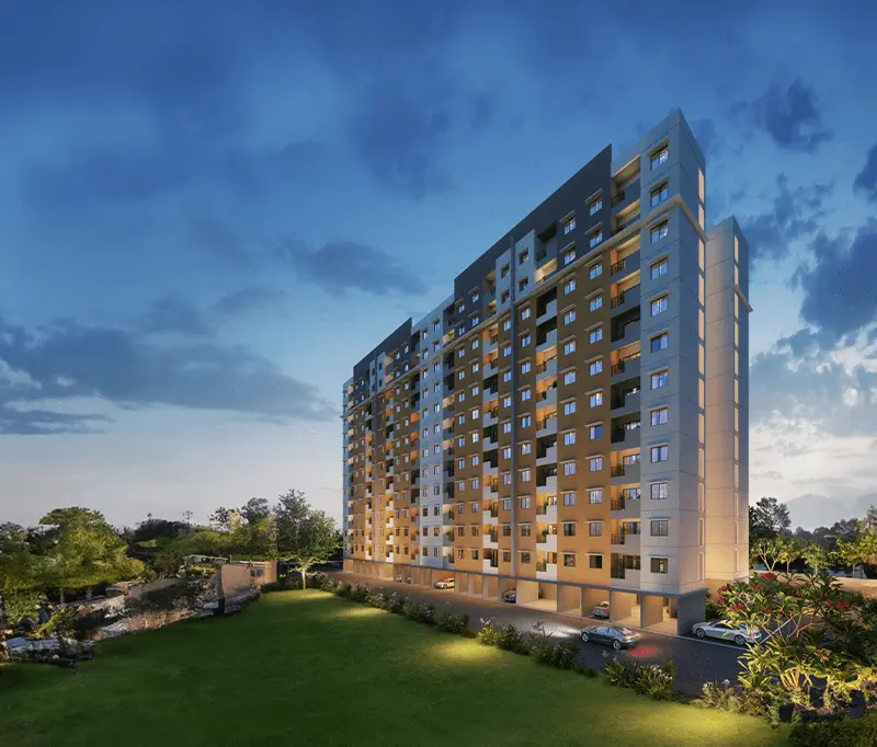 Lakevista residential tower at dusk